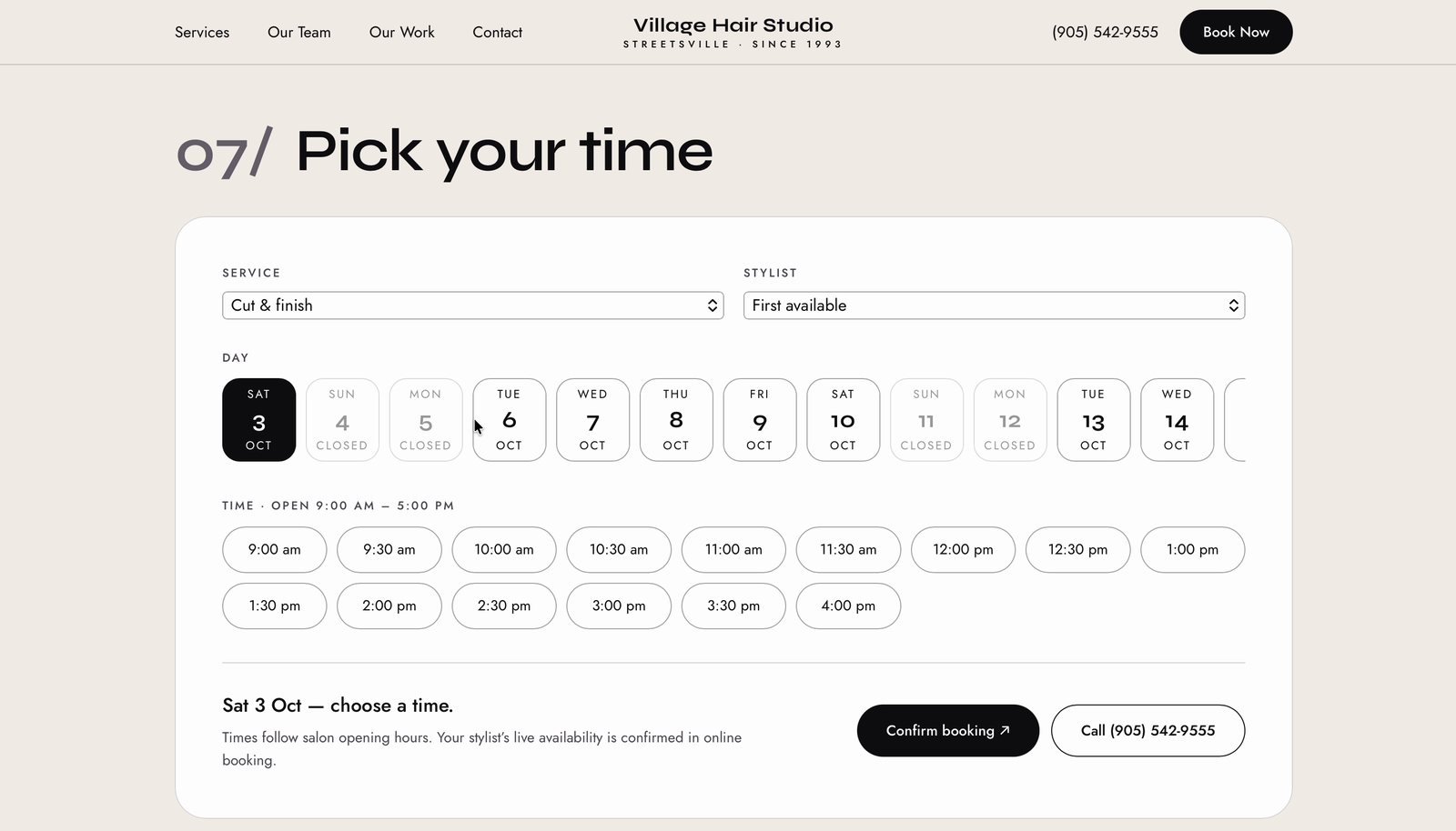 Village Hair Studio concept, booking panel with service, stylist, day and time